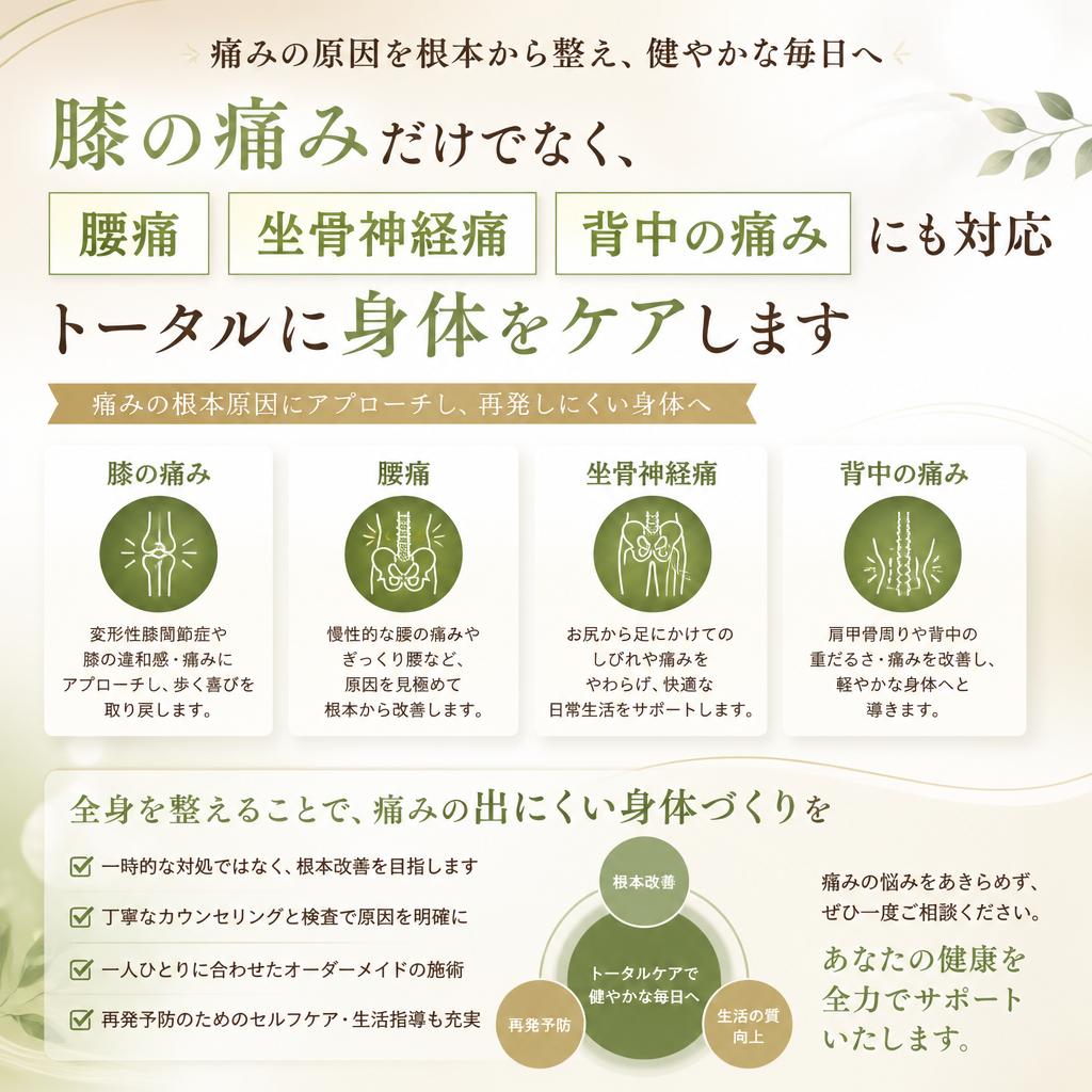 腰痛・坐骨神経痛・背中の痛みにも対応